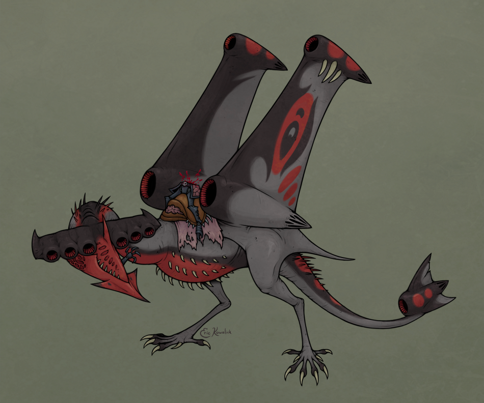 And behold! it was a winged creature: if bird, then greater than all other birds, and it was naked, and neither quill nor feather did it bear, and its vast pinions were as webs of hide between horned fingers; and it stank. A creature of an older world maybe it was, whose kind, lingering in forgotten mountains cold beneath the Moon, outstayed their day, and in hideous eyrie bred this last untimely brood, apt to evil. And the Dark Lord took it, and nursed it with fell meats, until it grew beyond the measure of all other things that fly; and he gave it to his servant to be his steed.